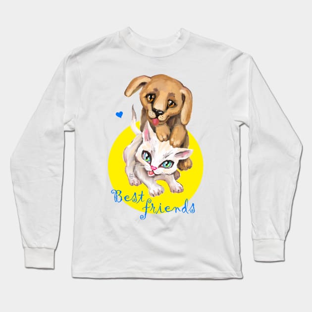 Cute small cat and dog. Sweet little baby pets. Kitten and puppy friends. Long Sleeve T-Shirt by Rukki Zukki Art